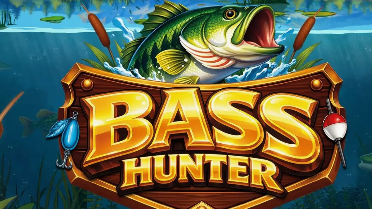 Interface do jogo Bass Hunter com cenário de lago nórdico e símbolos de pesca