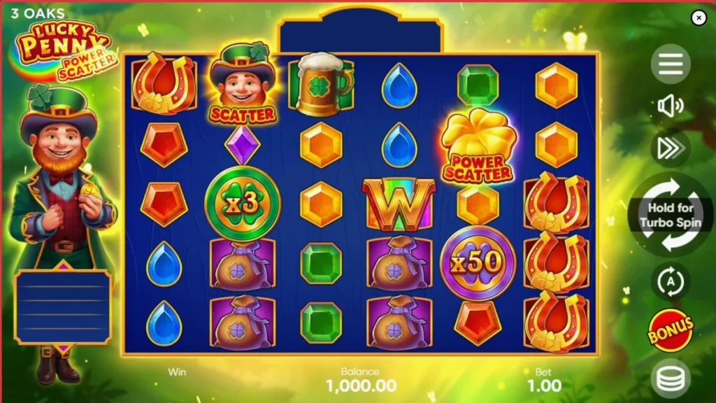 Leprechaun sorridente em uma floresta mágica com moedas de ouro no slot Lucky Penny Power Scatter