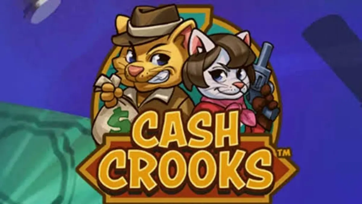 Cash Crooks slot game interface featuring cartoon cat burglars and vault motifs.