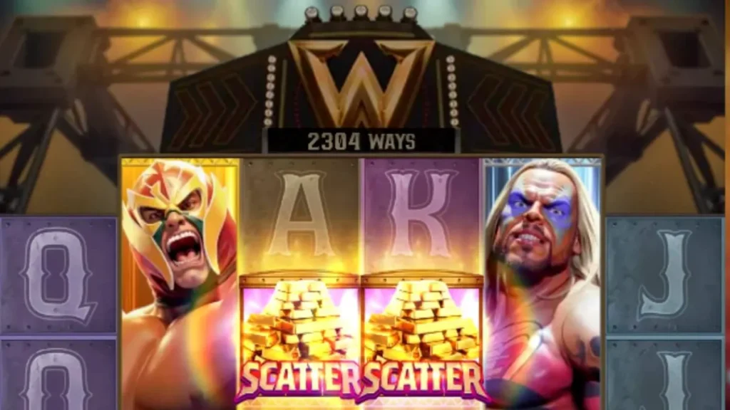 Lutadores de luta livre em um ringue iluminado no slot Reel Royale Showdown