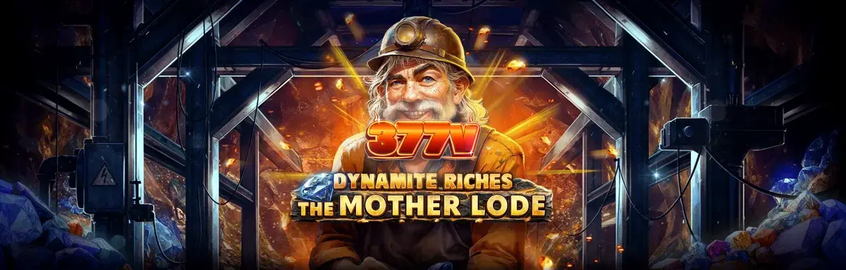 Uma visão detalhada da interface do slot Dynamite Riches The Mother Lode com símbolos de mineração e dinamite.